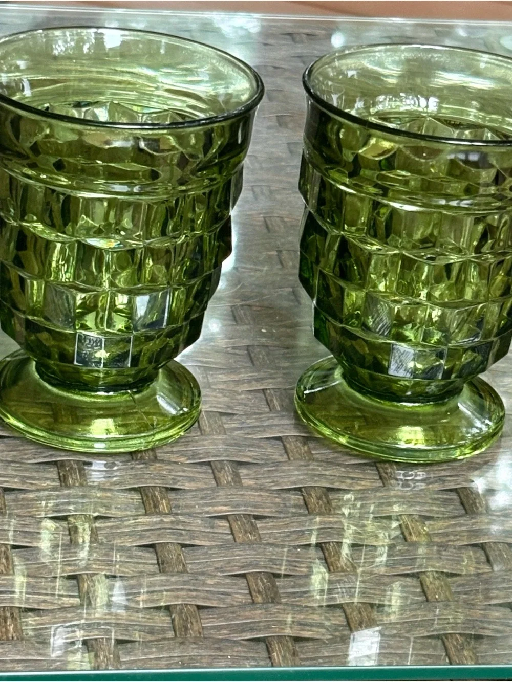 Vtg 60s Indiana Glass Whitehall Colony Cubist Avocado Green Footed 9 Oz Glasses
